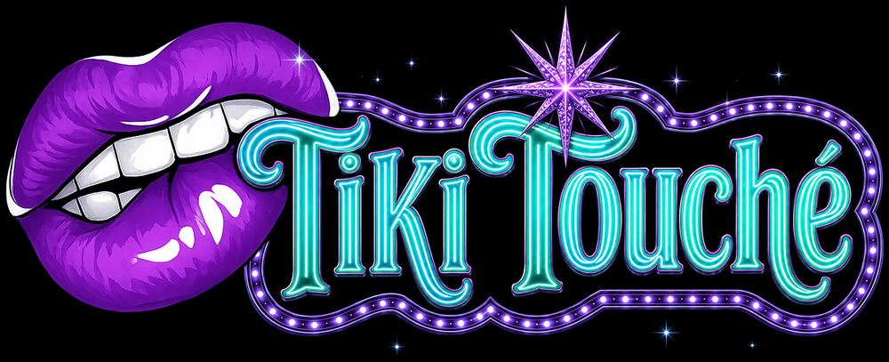 Tiki Touché logo with purple lips, teal lettering, and a purple marquee border